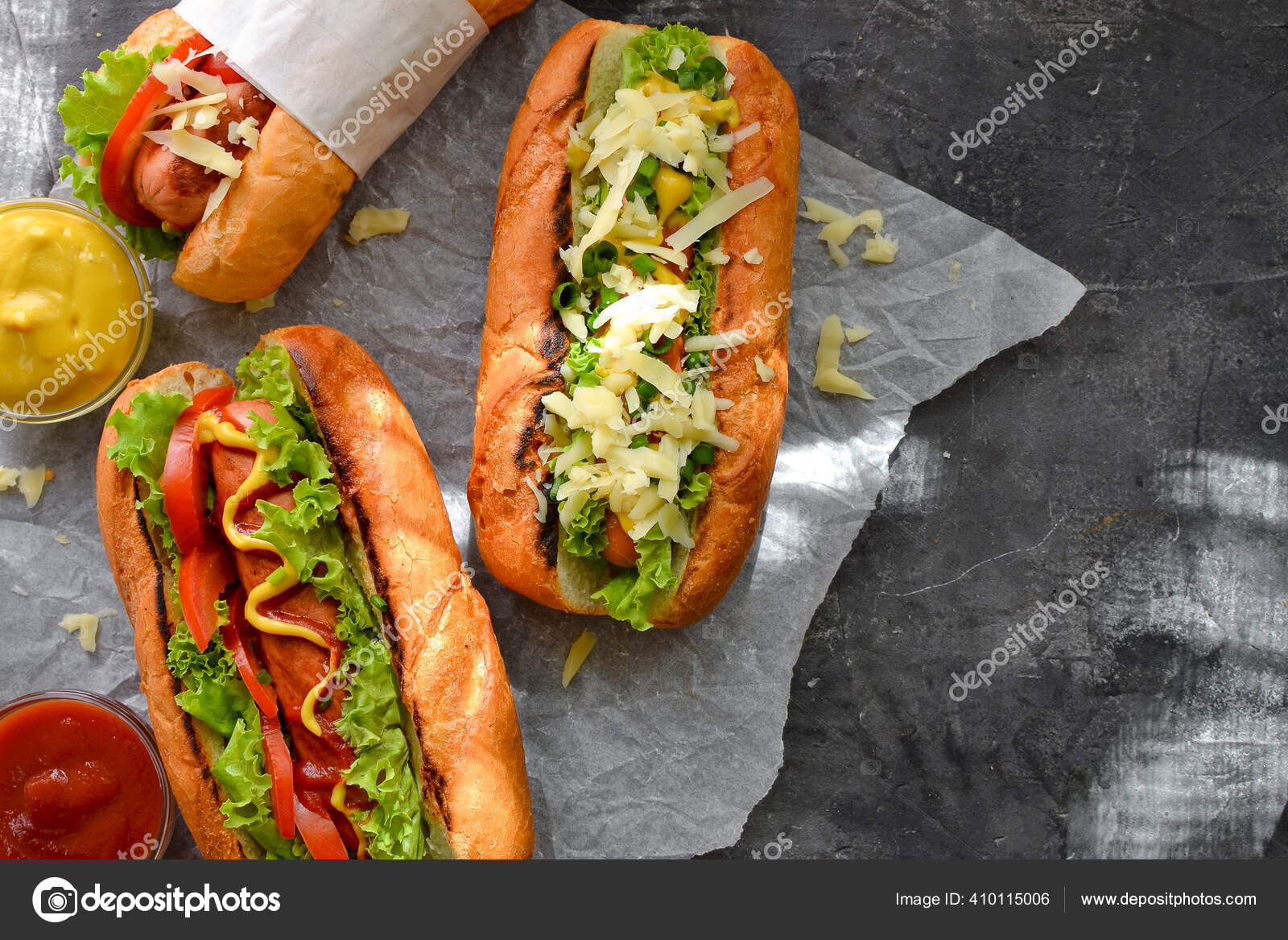 Hot Dogs Various Fillings Dark Background Food Background Copy Space