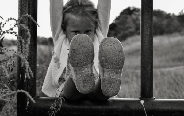 Close Black White Photo Cute Caucasian Child Childhood Moments Girl — Stock Photo, Image