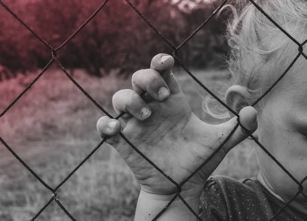Criança Segura Uma Cerca Ferro Com Mão Criança Triste Crueldade — Fotografia de Stock