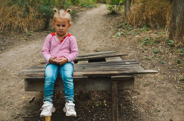 Bebek, sonbahar parkındaki ahşap bir köprüde tek başına oturuyor. Güzel bir çocuğun sonbahar portresi. Çocukluk anları. Üzgün çocuk..
