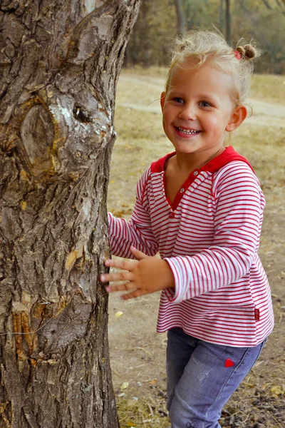 Bebê Joga Esconder Procurar Parque Outono Livre Retrato Outono Uma — Fotografia de Stock
