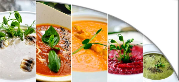 コピースペースで様々な食品のコラージュ スープの種類 — ストック写真