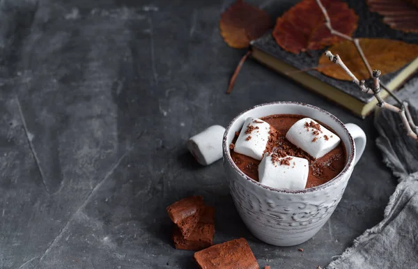 Heiße Schokolade Und Marshmallows Heißer Kakao Einer Weißen Tasse Dunkler — Stockfoto