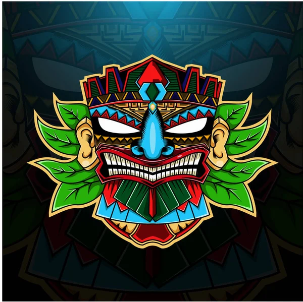 Masque Tiki Esport Logo Mascotte Avec Des Feuilles — Image vectorielle