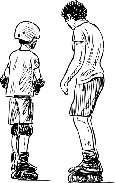 一个教练教一个男孩在滚筒上溜冰 — 图库矢量图片