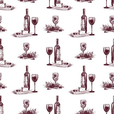 Pattern of wine bottles and glasses with cheese vector Pattern of wine bottles and glasses with cheese vector