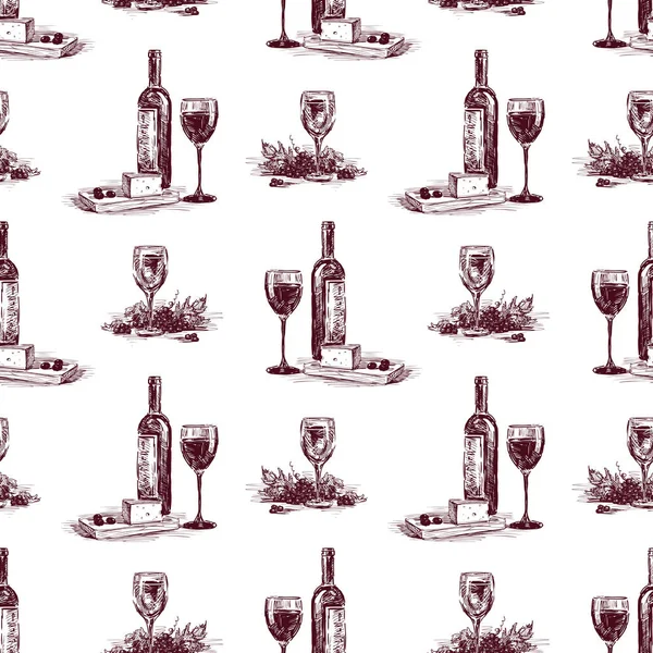 Pattern Wine Bottles Glasses Cheese — Stock Vector
