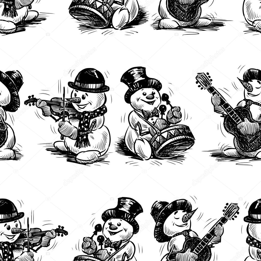 Seamless background of cheerful musicians snowmen