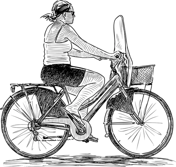 Esboço Uma Mulher Andando Bicicleta — Vetor de Stock