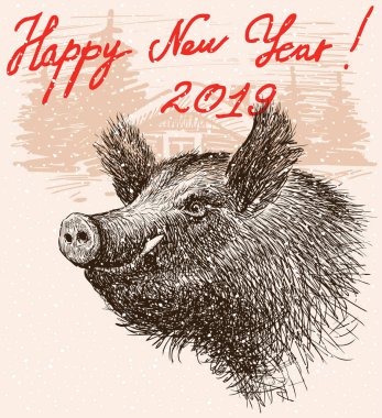  Yeni yıl tebrik kartı ile bir domuzu, 2019 sembolü