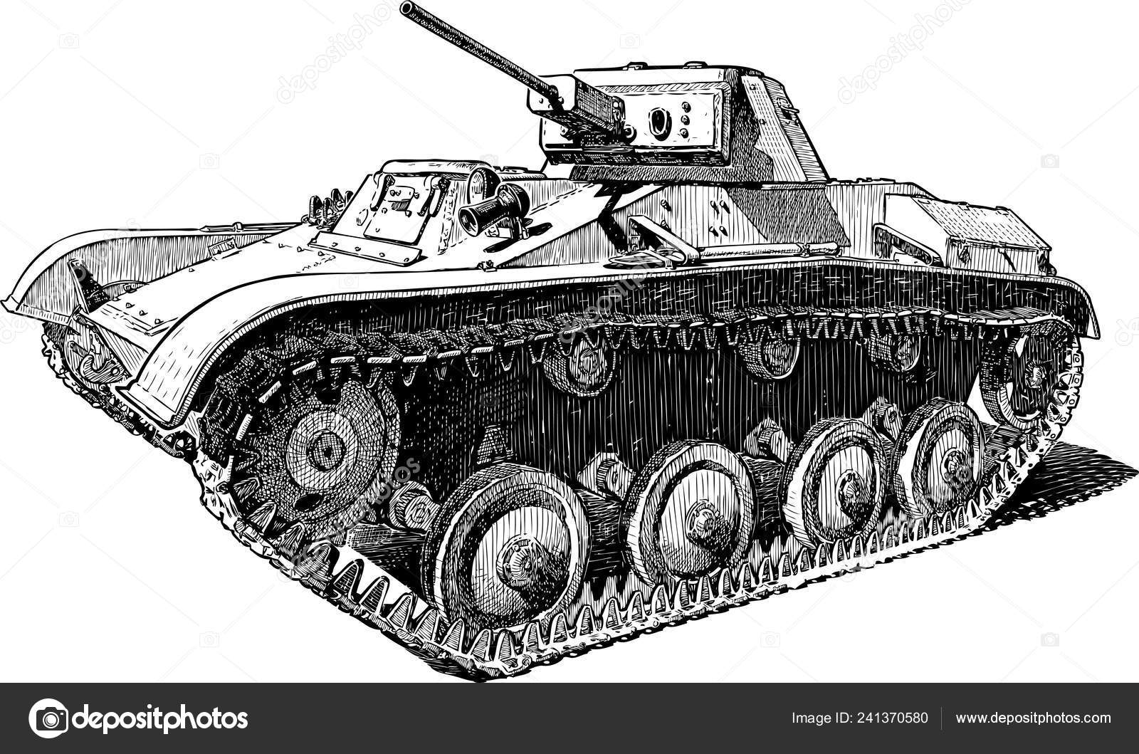 Ручной Рисунок Старого Боевого Танка Векторное Изображение.
