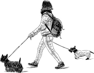 A townswoman with her pets goes for a walk clipart