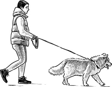 Bir townswoman elini kolunu sallaya köpeğiyle dönüyor