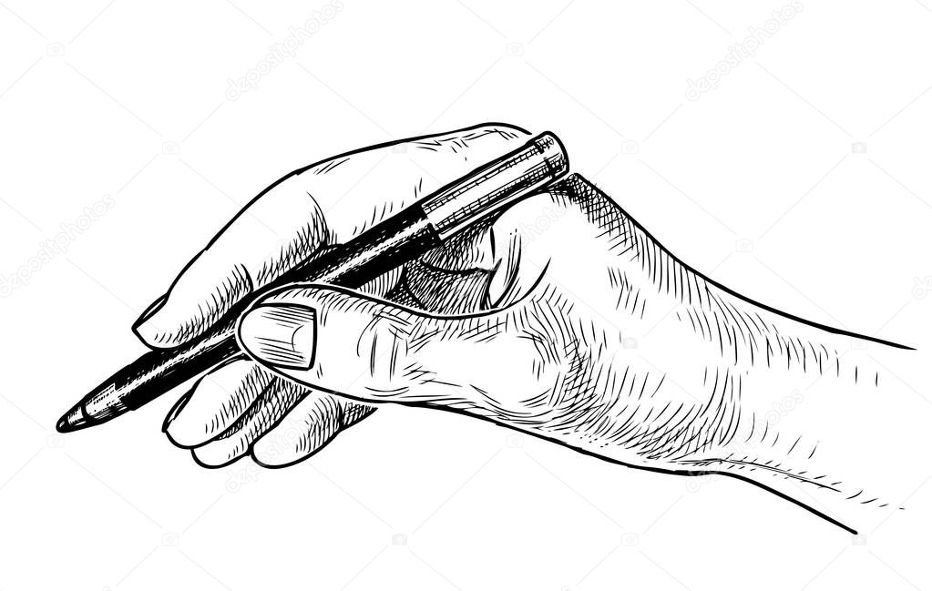 A sketch of a human hand holding a pencil