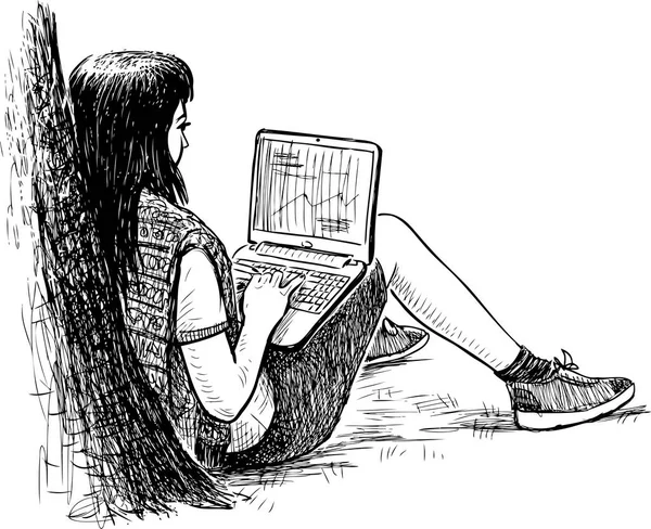 Teen Girl Her Laptop Sits Grass City Park — Stock Vector