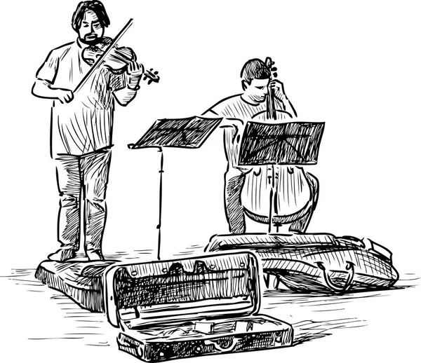 Esboço Músicos Rua Tocando Violino Violoncelo — Vetor de Stock