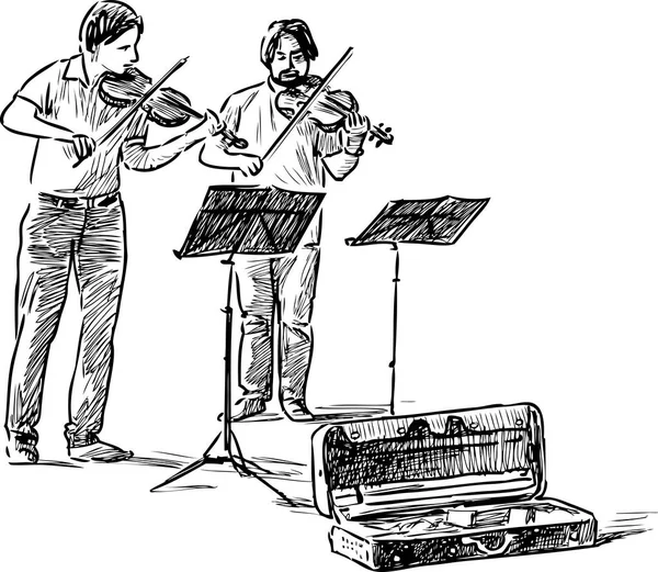 Bosquejo Músicos Calle Tocando Los Violines — Archivo Imágenes Vectoriales