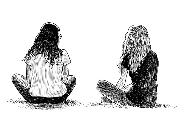 Dvě Studentská Děvčata Sedí Trávníku Městském Parku — Stockový vektor