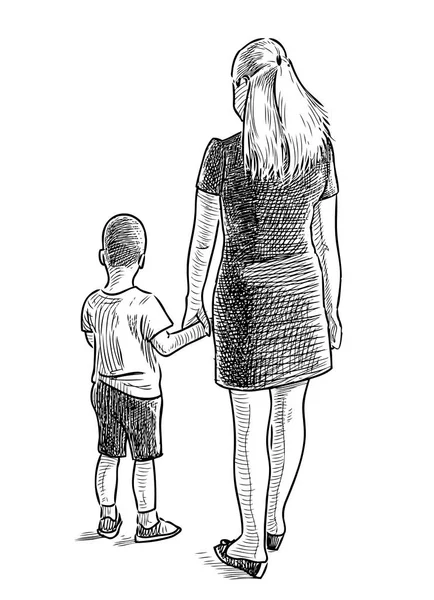 Hand Teckning Ung Mor Med Sin Lille Son — Stock vektor