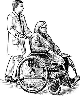 An old woman in a wheelchair with her nurse clipart