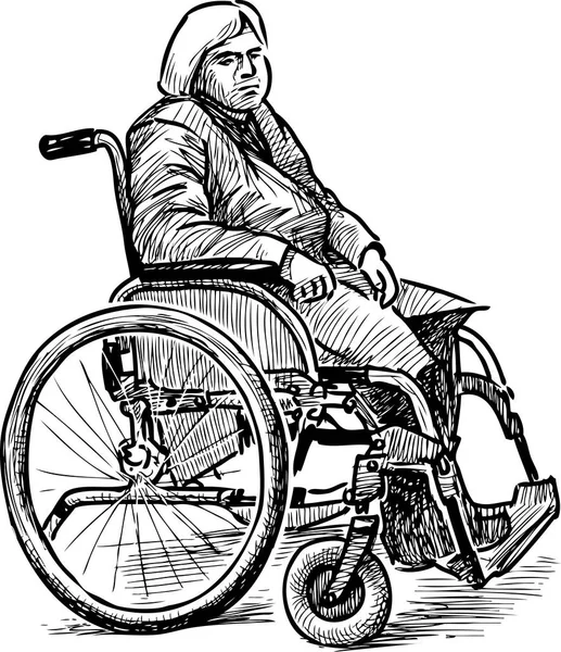 坐在轮椅上的生病的老年妇女的素描 — 图库矢量图片