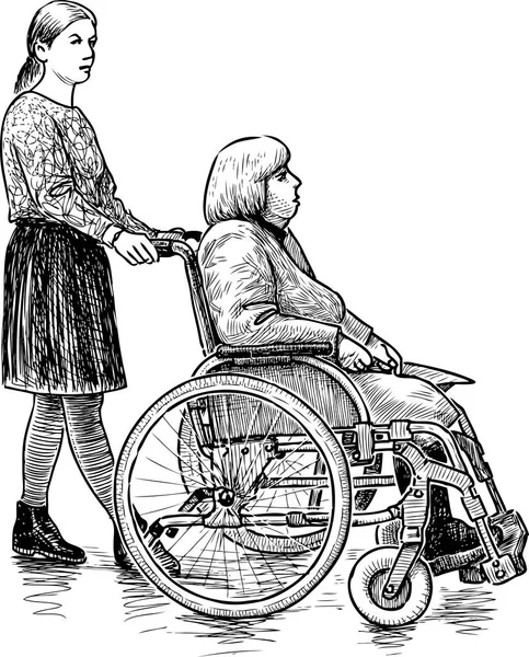 Croquis Une Femme Âgée Fauteuil Roulant Avec Une Infirmière — Image vectorielle