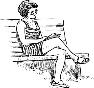 Bir park bankında okuyan bir kasaba kadını krokisi