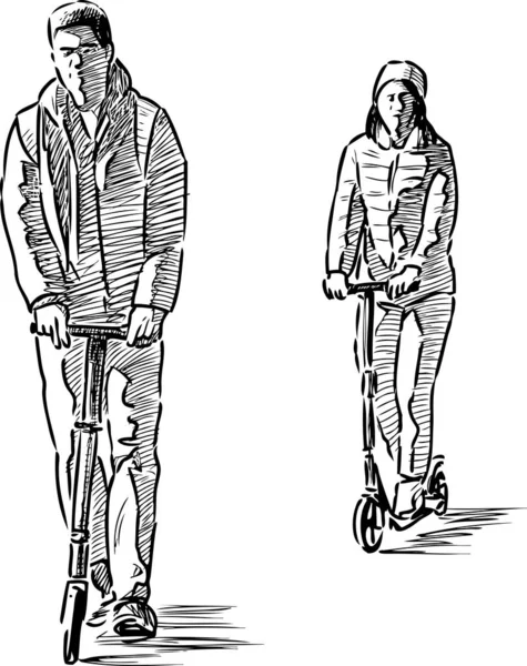 Une Paire Jeunes Citadins Chevauchant Sur Les Scooters — Image vectorielle