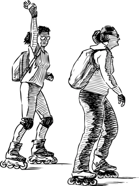 Boceto Mujeres Del Pueblo Montando Los Patines — Archivo Imágenes Vectoriales