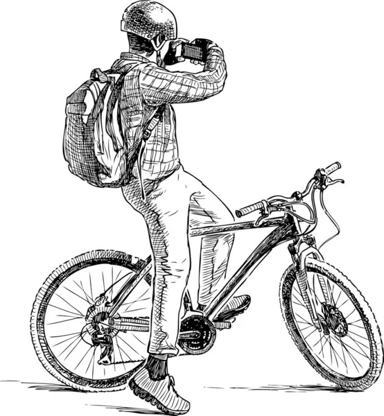 Jeune Homme Vélo Prend Une Photo Sur Son Téléphone Portable — Image vectorielle