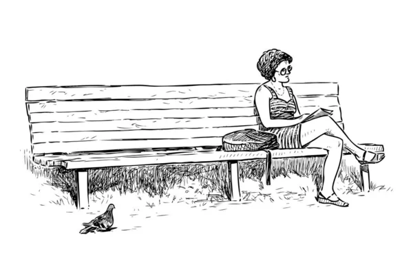 Femme Seule Lisant Sur Banc Parc — Image vectorielle