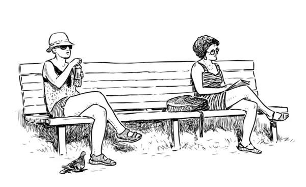 坐在公园长椅上的城镇妇女素描 — 图库矢量图片