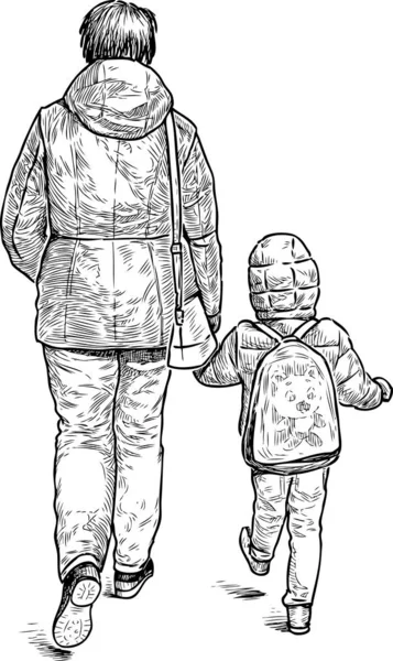 一个女人带着她的孩子在街上 — 图库矢量图片