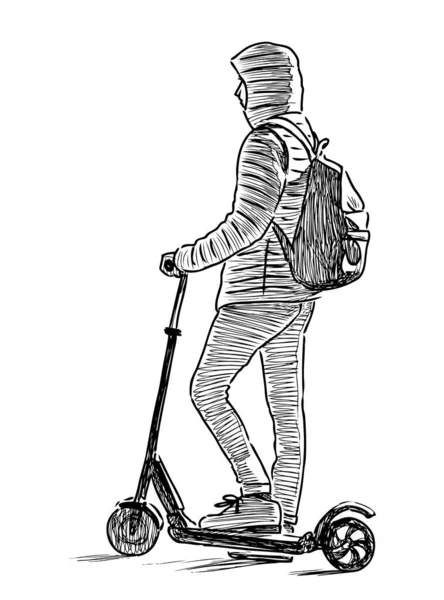 Sketch Young Townsman Stopped His Scooter — Stock Vector