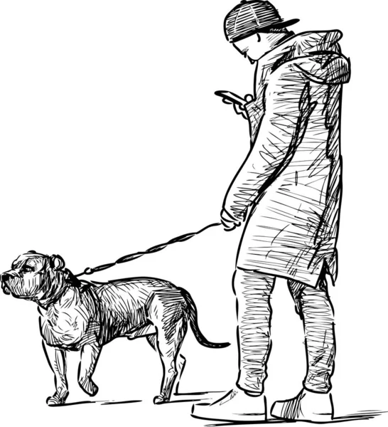 Sketch Young Man Smartphone Walking His Dog — Stock Vector