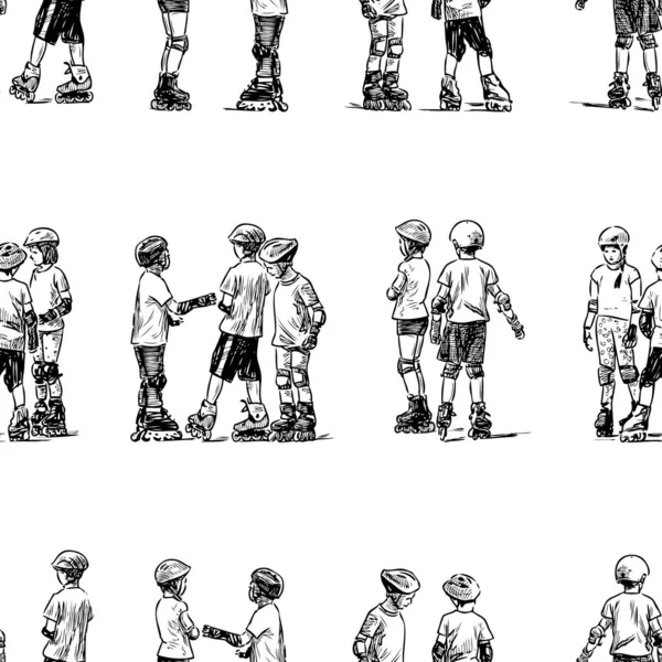 Modèle Sans Couture Croquis Enfants Sur Les Patins Roulettes — Image vectorielle