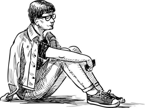 携帯電話を持つ十代の少年は 草と夢の上に座っています — ストックベクタ