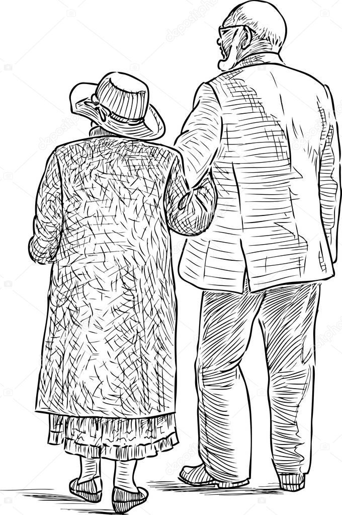 A sketch of elderly spouses going for a walk