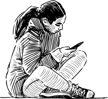 Akıllı telefonu olan bir öğrenci kızın çizimi şehir parkında