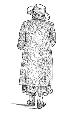 Sokakta yürürken şapkalı bir kadının çizimi