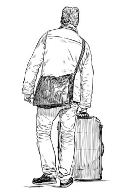 Bir gezi için gidiyor ağır bir bavul ile bir kişinin kroki