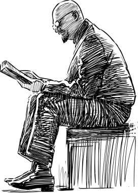 Bir park Bench bir kitap okuma yaşlı bir adamın Sketch