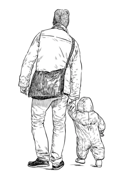 Bosquejo Padre Joven Con Hijo Pequeño Dando Paseo — Vector de stock