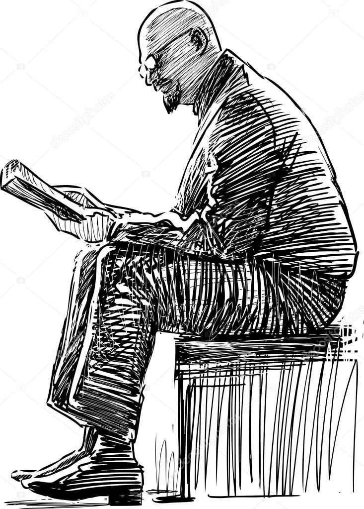 Sketch of an elderly man reading a book on a park bench