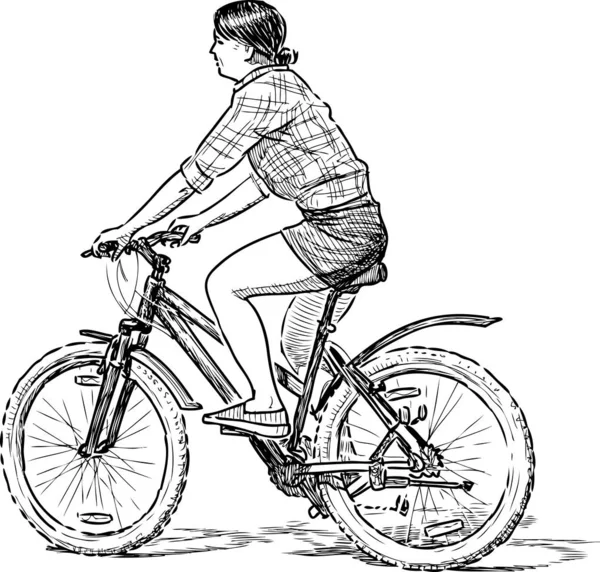 Handzeichnung Einer Stadtfrau Die Mit Dem Fahrrad Spazieren Geht — Stockvektor