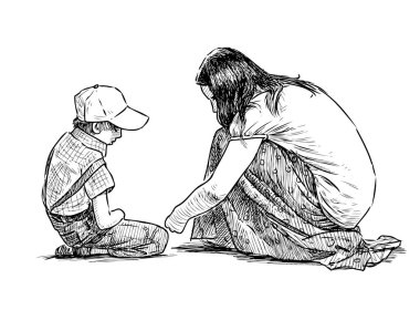 Genç anne ve küçük oğlunun oyun alanında oturup oynamasının krokisi