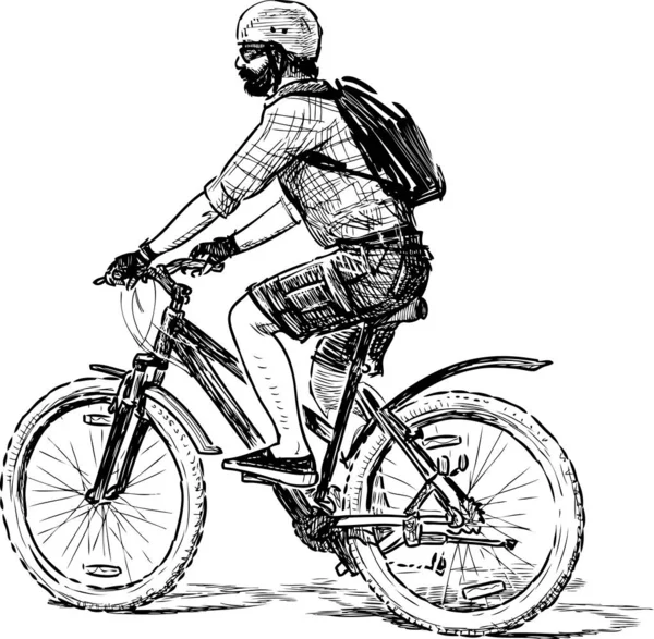 Croquis Hommes Barbus Vélo Jour Été — Image vectorielle