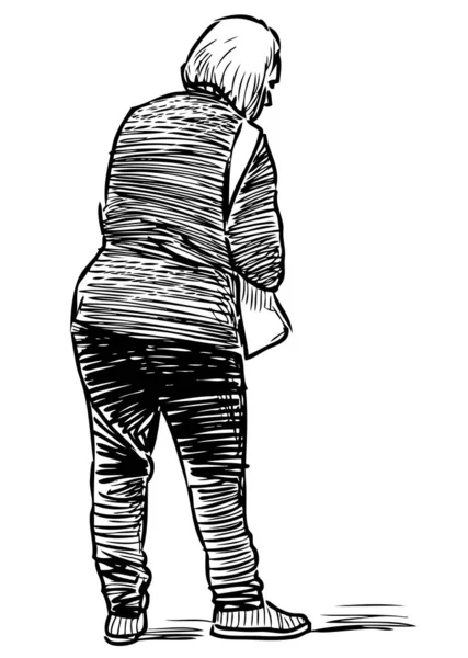 Croquis Une Vieille Femme Fatiguée Debout — Image vectorielle