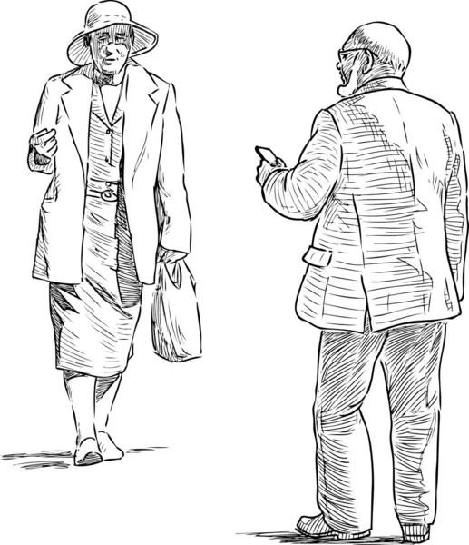 Σκίτσο Μερικών Ηλικιωμένων Πολιτών Που Συναντιόταν Στο Δρόμο — Διανυσματικό Αρχείο