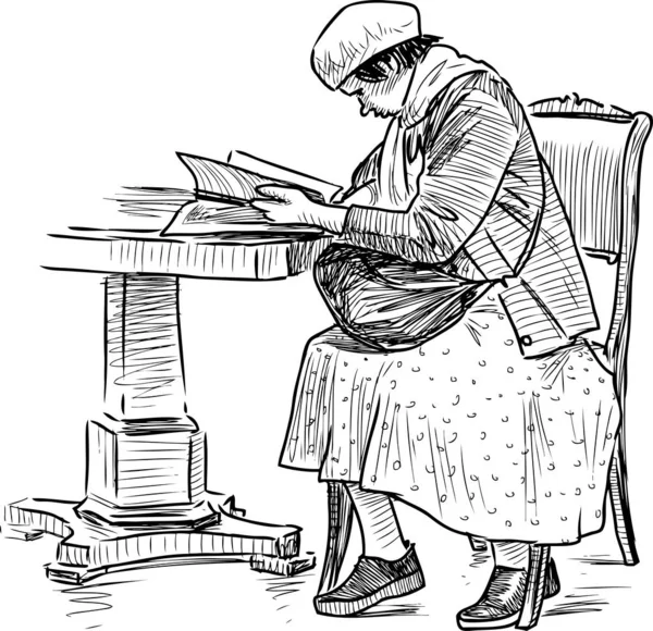 Schets Van Een Oudere Vrouw Zittend Aan Tafel Het Lezen — Stockvector